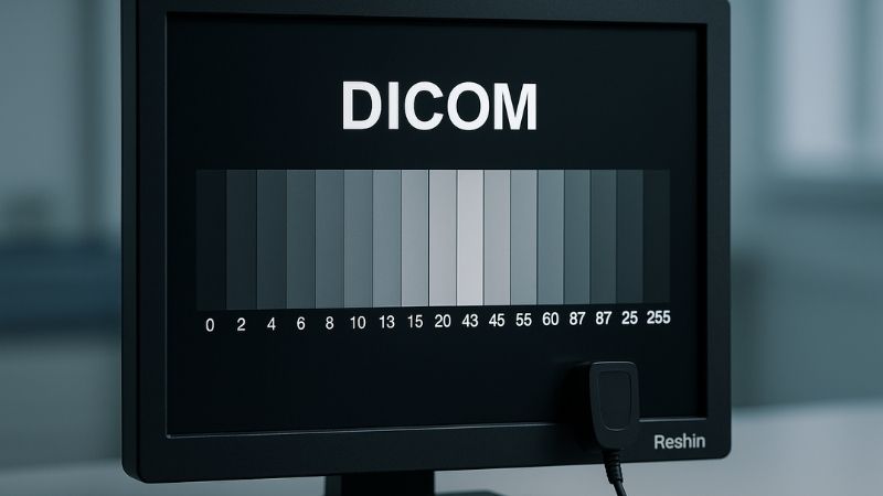 Close-up of DICOM calibration screen on a Reshin 2MP diagnostic monitor
