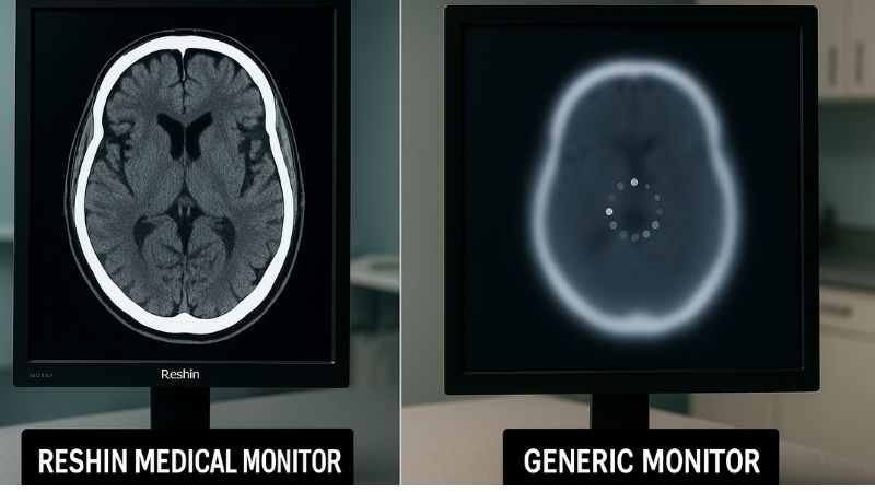 Split screen showing fast image loading on a Reshin monitor vs. slow loading on a generic monitor