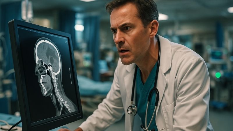 Emergency room physician quickly reviewing scans on a Reshin 2MP monitor