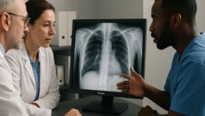 Medical team collaboratively diagnosing with a Reshin 2MP monitor, its wide viewing angles ensuring clear image visibility for all members during a clinical consultation.