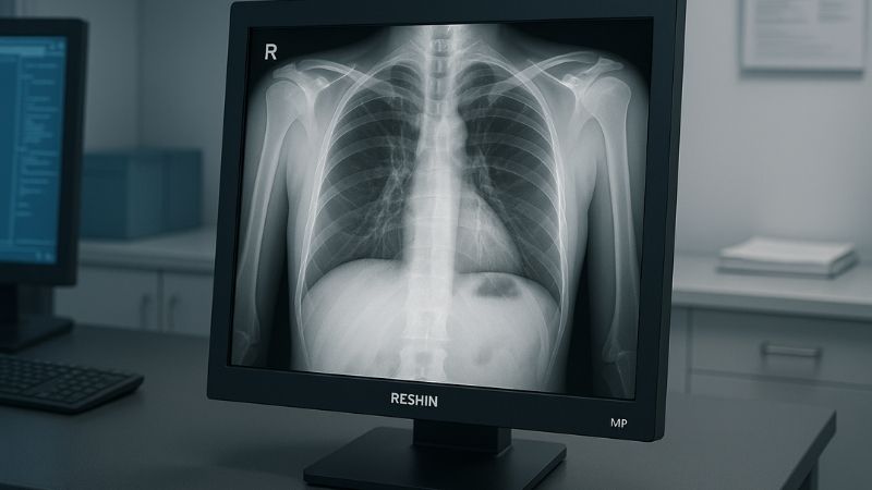 A 2MP Reshin medical monitor displaying a chest X-ray in a radiology setting