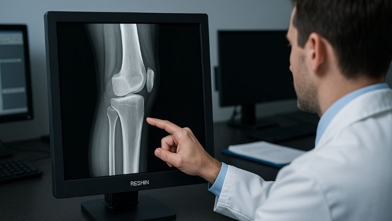 Radiologist examining a bone fracture on a Reshin MD22CA 2MP monitor