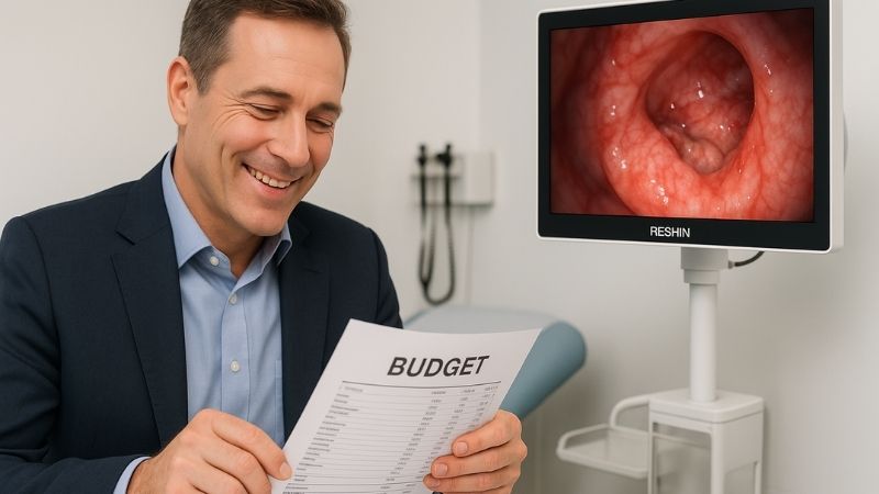 Hospital administrator looking pleased with a budget report, with a Reshin 19-inch monitor in the background clinic setting