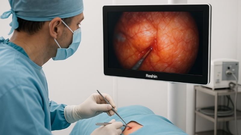 Medical professional performing a minor procedure, referencing a Reshin MS192SA 19-inch monitor displaying a clear, focused surgical view, demonstrating its adequacy for detailed, localized work.