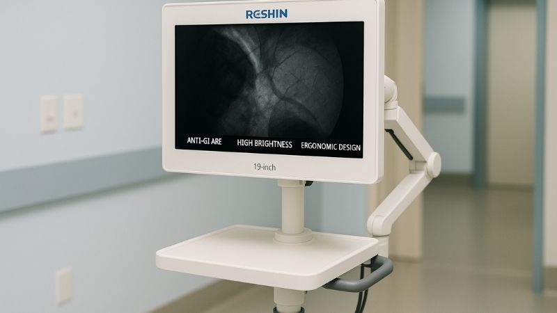 Reshin MS192SA 19-inch monitor mounted on a mobile cart, showcasing its portability