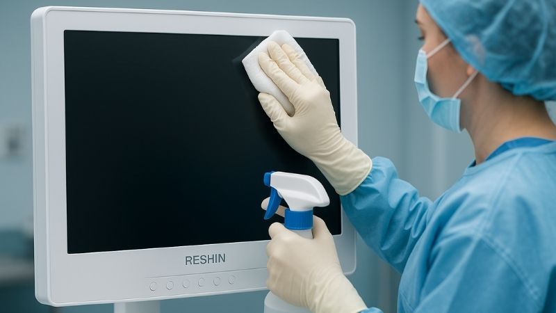 Medical staff carefully cleaning a Reshin surgical monitor with approved disinfectant spray