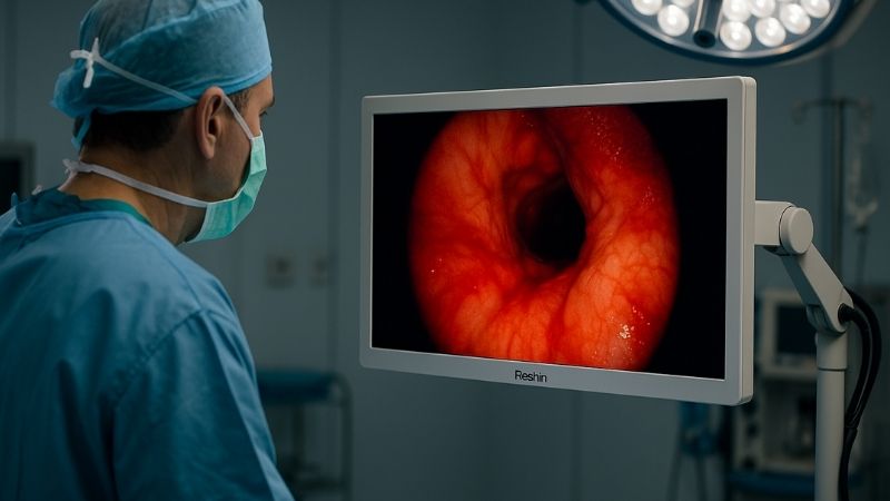 Surgeon focused on a 24-inch monitor during an endoscopic procedure