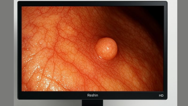 Close-up of a polyp on an endoscopic image displayed on the Reshin MS247SA, highlighting detail