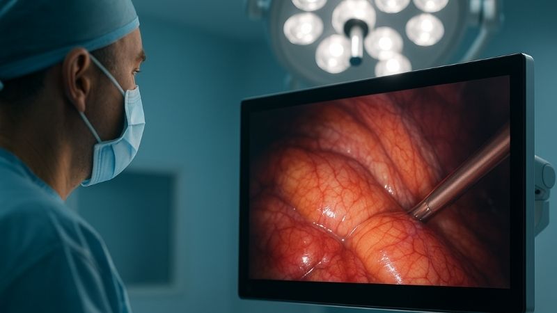 Surgeon viewing an anti-reflective surgical display clearly under bright OR lights