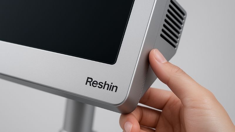 Close-up of a sleek aluminum alloy surgical monitor enclosure