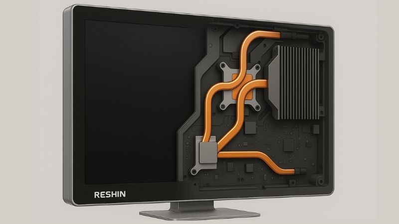 Internal view of a surgical monitor showing advanced thermal management components like heat pipes