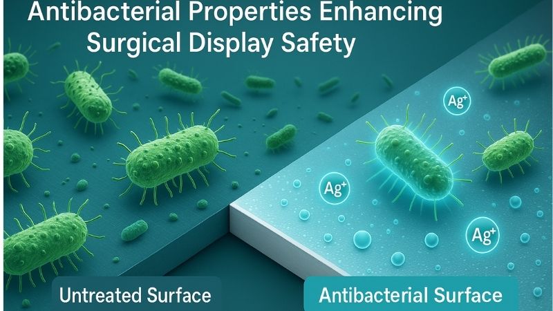 Microscopic view illustrating antibacterial action on a monitor surface, inhibiting bacterial growth