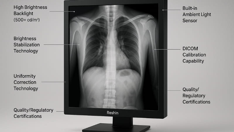 Reshin diagnostic monitor showcasing key features like high brightness (500+ cd/m²), brightness stabilization, DICOM calibration, ambient light sensor, and uniformity correction for medical imaging.