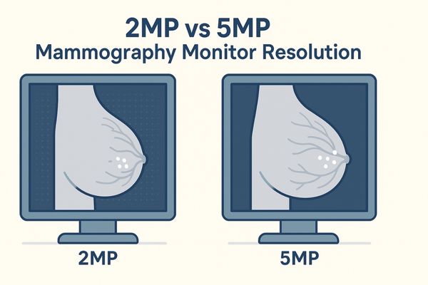 Comparison of mammography images on 2MP and 5MP monitors showing resolution differences in detecting breast microcalcifications.