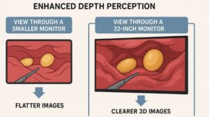 Illustration comparing depth perception in laparoscopic surgery using a smaller monitor versus a 32-inch monitor, highlighting enhanced 3D visualization.