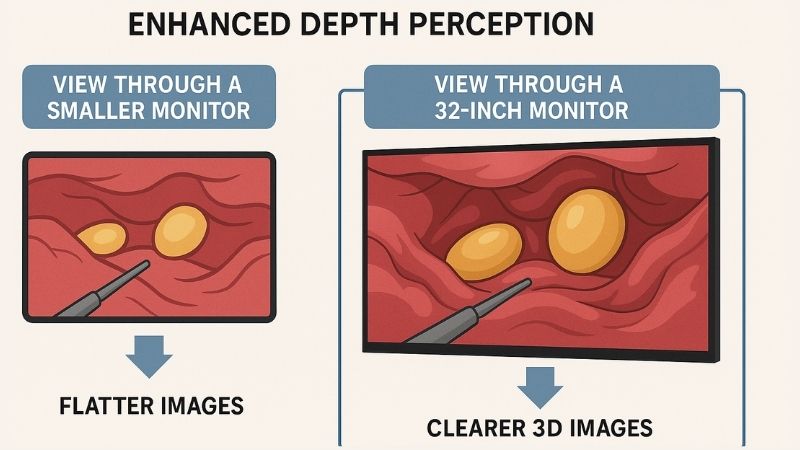 Illustration showing improved depth perception with a 32-inch monitor