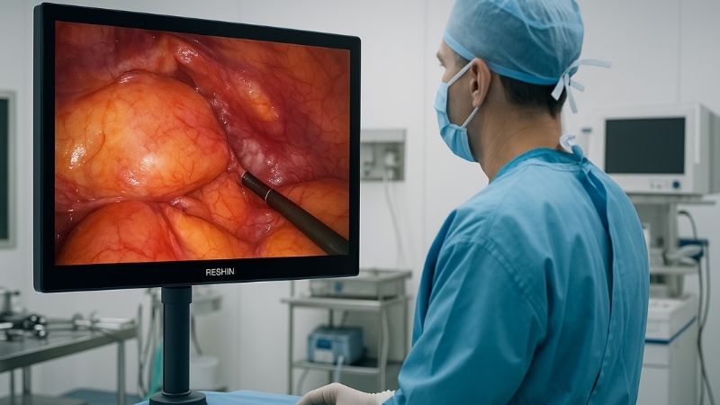 Surgeon using a 32-inch monitor during a laparoscopic procedure