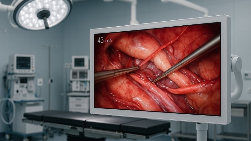 A modern operating room with a 43-inch surgical display prominently featured