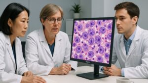 Pathology team collaborating and discussing a case, enhanced by the clarity of a 4MP Reshin display showing key diagnostic features, fostering accurate and confident diagnoses through improved medical imaging.