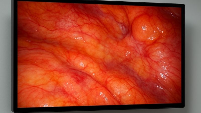 Close-up of a 4K endoscopic image on a 43-inch surgical display