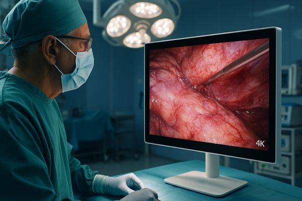 Surgeon looking at a 4K surgical display during a procedure