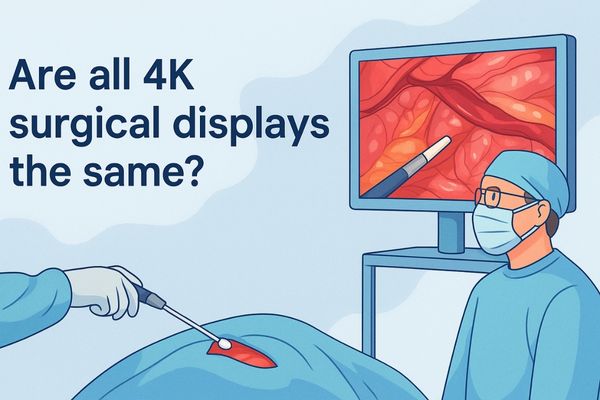 Surgeon using a 4K surgical monitor during a laparoscopic procedure, with text asking "Are all 4K surgical displays the same?"