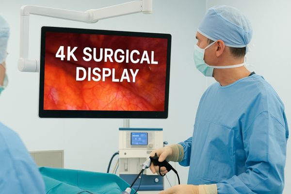 Surgeon operating in a sterile OR while viewing a close-up internal image on a ceiling-mounted 4K surgical display.