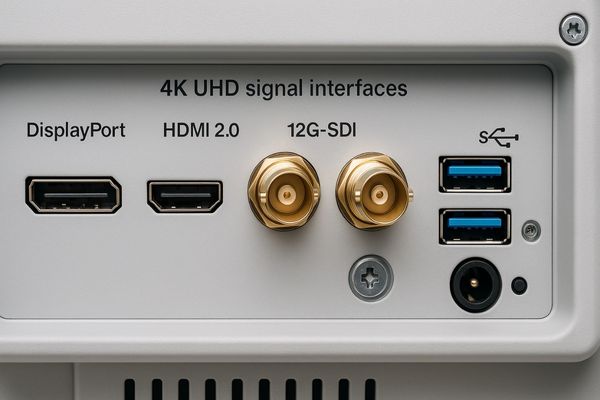 A close-up shot of various video interface ports like DisplayPort, HDMI, and SDI on the back of a medical monitor