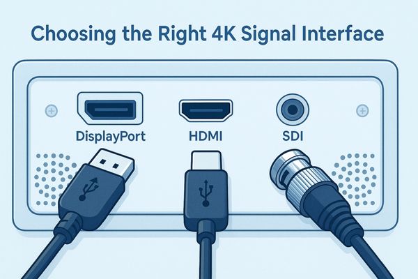 Close-up view of DisplayPort, HDMI, and SDI video ports on a medical monitor highlighting 4K signal interface options.