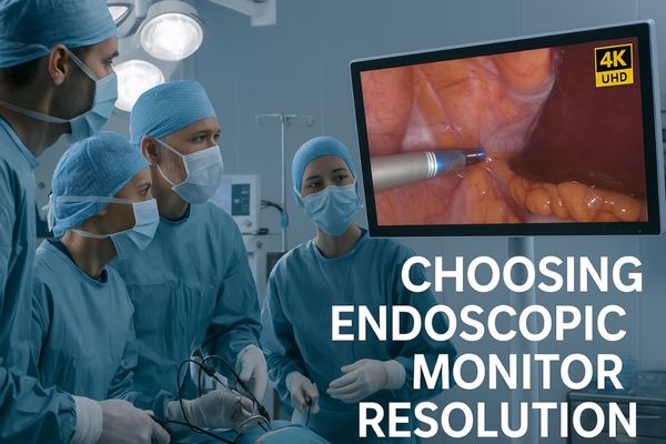 Surgical team using a 4K UHD endoscopic monitor during a minimally invasive procedure in a modern operating room.
