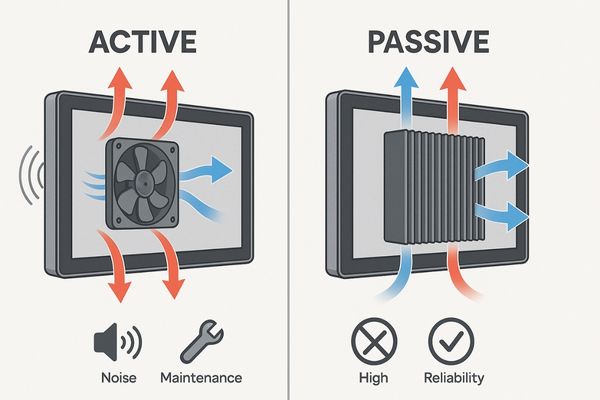 Split image: one side showing a display with a fan (active), other side showing a display with large heat sinks (passive)