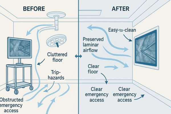 Clean room OR with clear floor space due to wall-mounted equipment