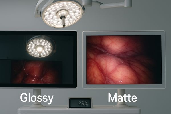 An image showing a surgical light reflecting clearly on a glossy screen versus being diffused on a matte screen