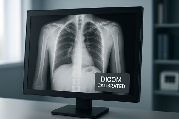 DICOM calibrated medical display with anti-glare coating showing grayscale images