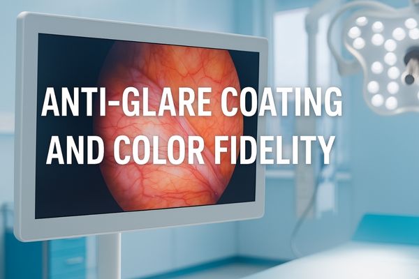 Medical display with anti-glare coating showing a high-resolution endoscopic image in a brightly lit surgical room, with the text "ANTI-GLARE COATING AND COLOR FIDELITY" on screen.