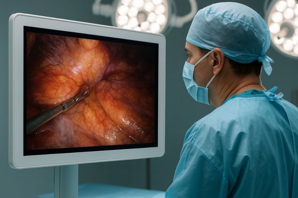 Surgeon viewing a medical display with anti-reflective glass in an operating room