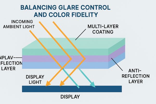 Diagram showing how multi-layer anti-reflection coatings work on a display