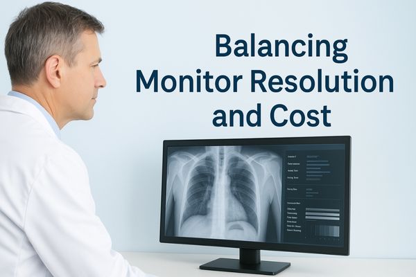 Doctor analyzing chest X-ray on a high-resolution medical monitor in a well-lit clinical setting