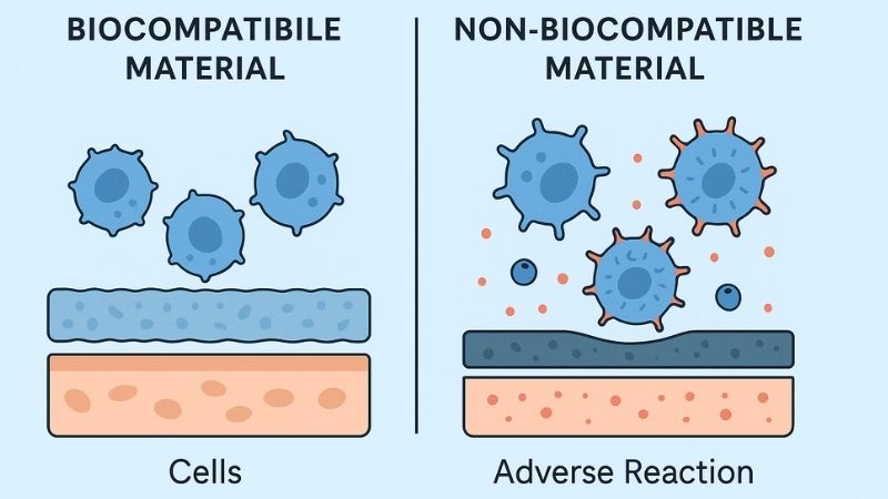 Illustration of biocompatible material interaction with cells vs non-biocompatible
