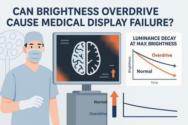 Illustration showing a medical monitor under brightness overdrive stress with icons for heat buildup, LED degradation, and reduced panel lifespan.