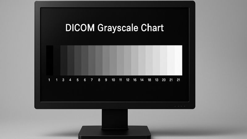 DICOM grayscale chart displayed on a stable medical monitor