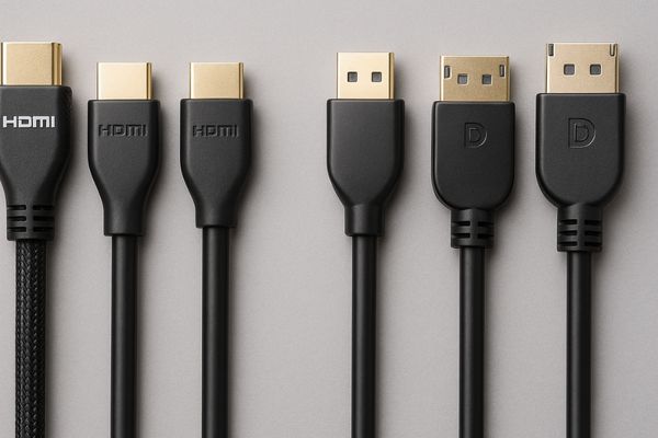Assortment of high-quality and low-quality HDMI and DisplayPort cables