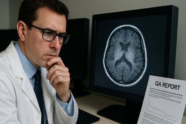 Radiologist looking concerned at a monitor displaying a medical image