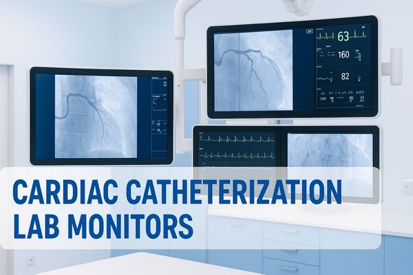 Large medical monitors displaying fluoroscopy and ECG data in a modern cardiac catheterization lab