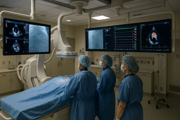 Modern cardiac catheterization lab with large screen displays