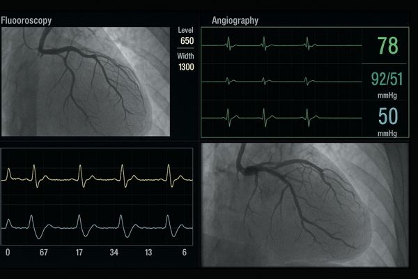 Cath lab monitor displaying fluoroscopy, angiography, and vital signs simultaneously
