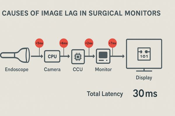 Diagram showing the video signal path from endoscope to monitor, highlighting potential points of latency