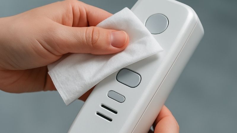 Medical device being cleaned with disinfectant wipe