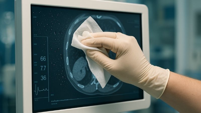 Medical display being cleaned with a disinfectant wipe, showing surface integrity