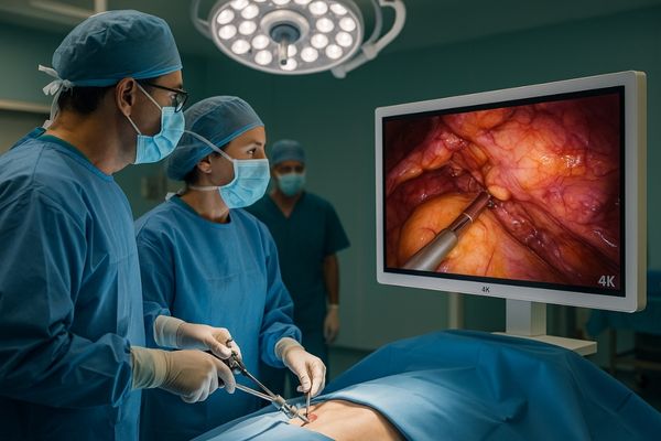 Surgical team looking at a high-resolution endoscopic monitor during a procedure